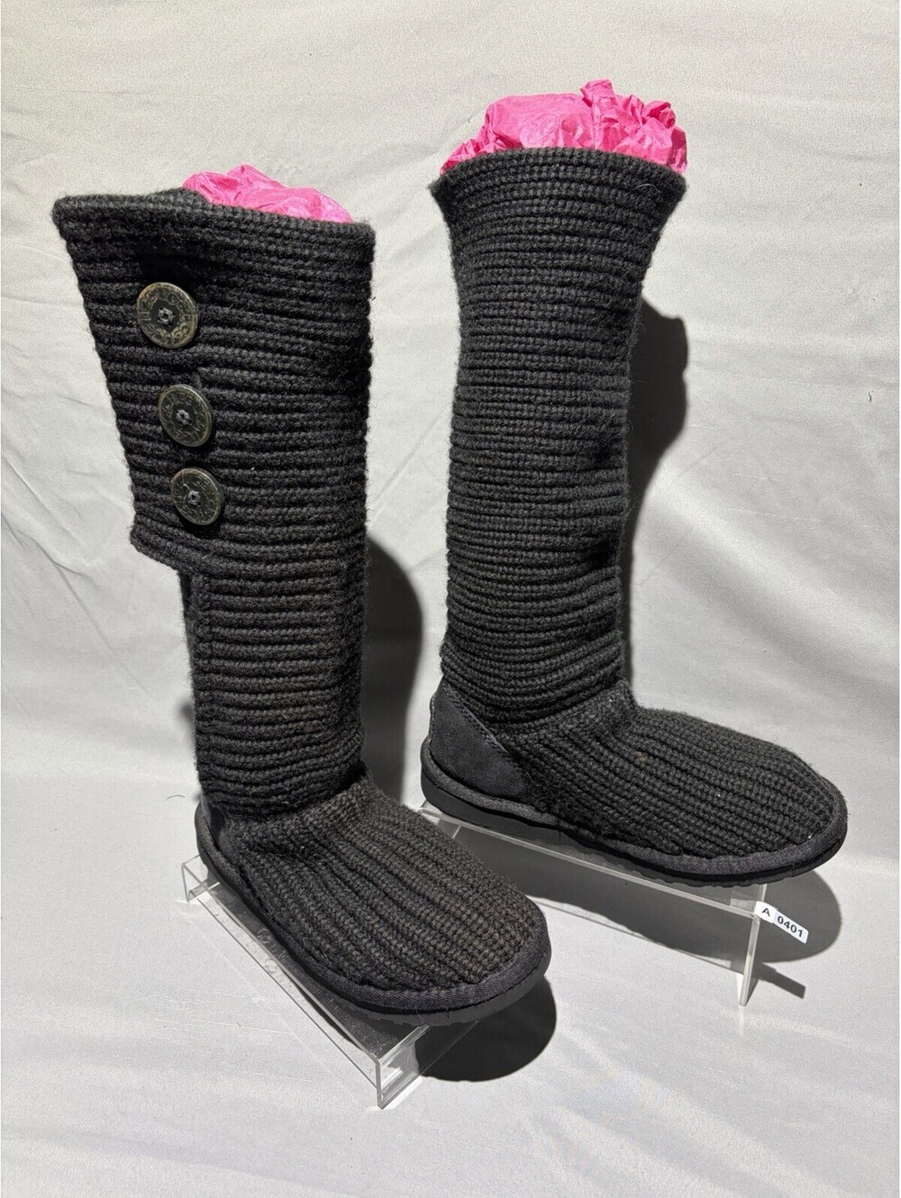 UGG Australia Classic Cardy Boots Womens 7 Black Knit Suede Tall 3-Button 5819